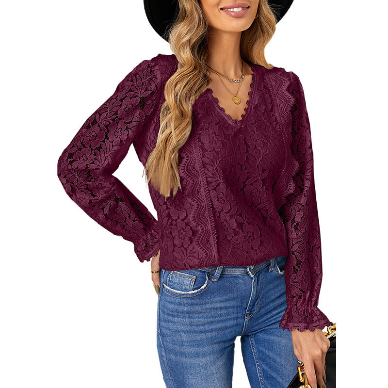 Solid Color Pullover Lace Mesh Crochet Casual Long Sleeve T-shirt