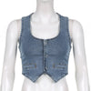 Streetwear Blue Denim Vest Jacket Buttons Up Tank Top Women Fashion