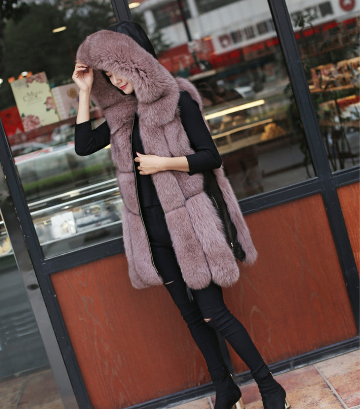 Faux Fox Fur Stitching Mid Length Coat