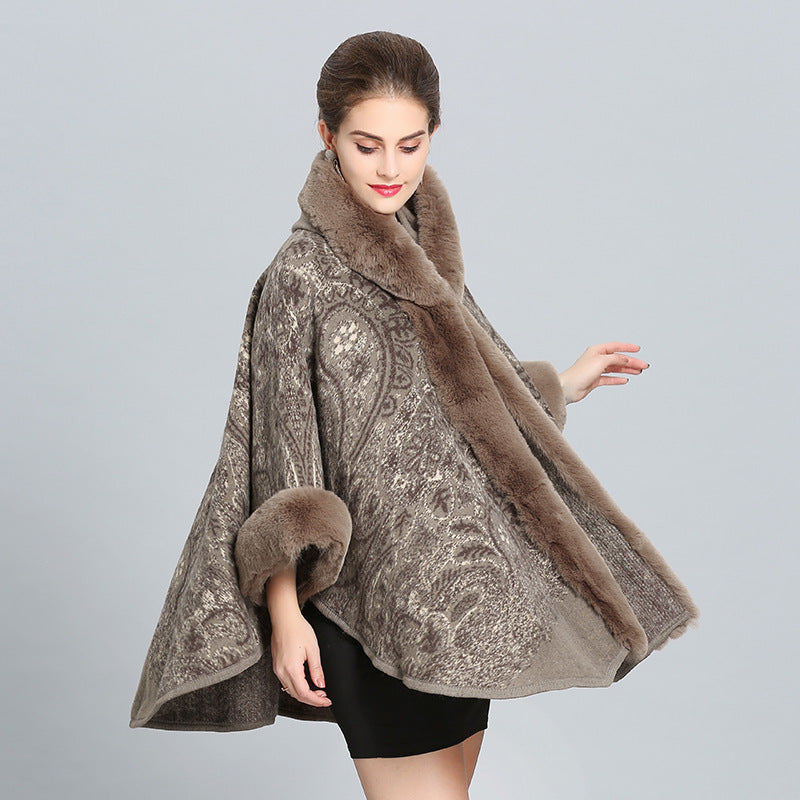 Hooded Shawl Cloak Fox Fur Collar All-match Woolen Coat