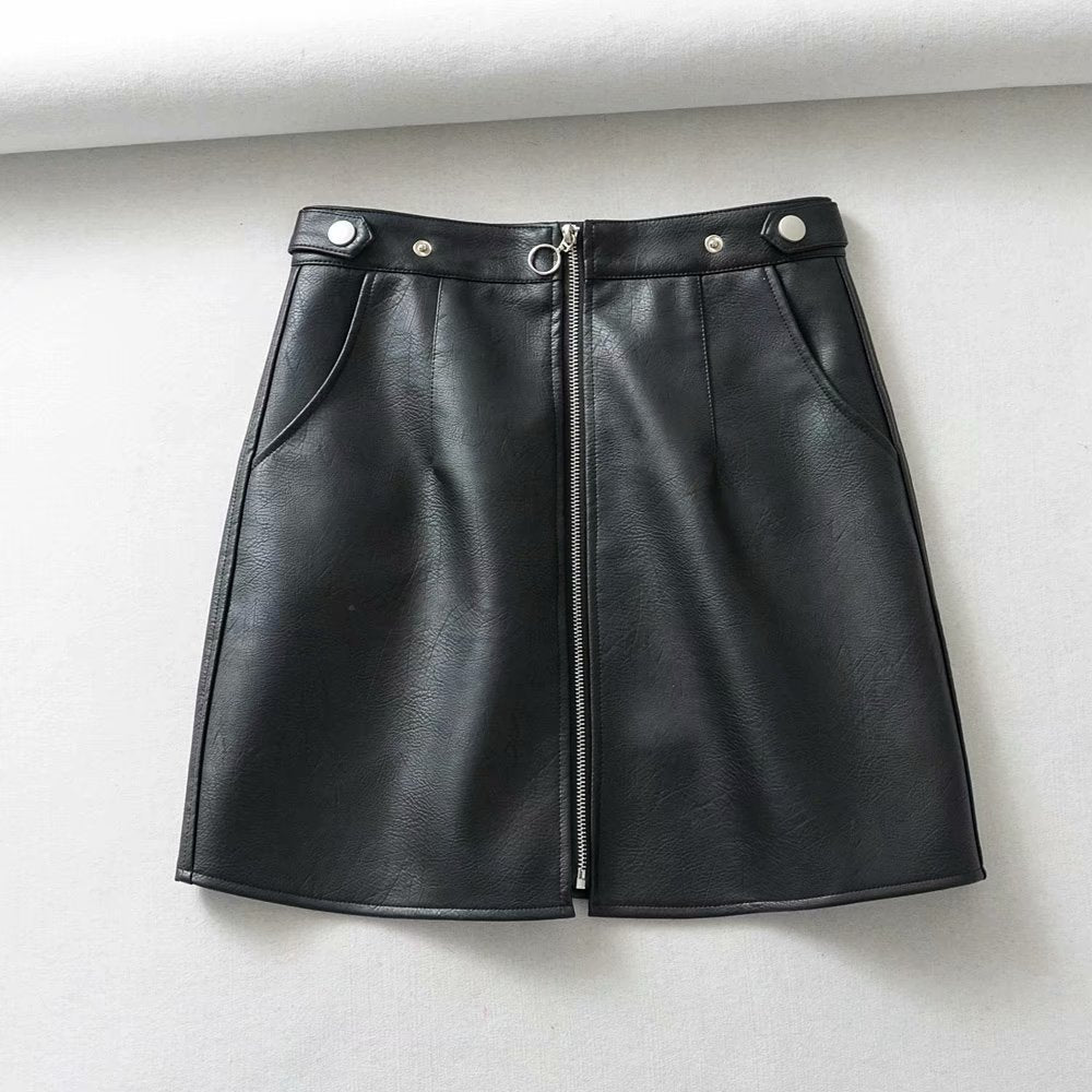 High Waist Slim Zipper PU Leather Skirt Short Skirt A-Line Skirt