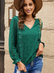 Solid Color Pullover Lace Mesh Crochet Casual Long Sleeve T-shirt