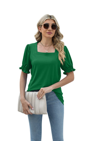 New Solid Color Square Collar Short Sleeve Smocking Loose T-shirt