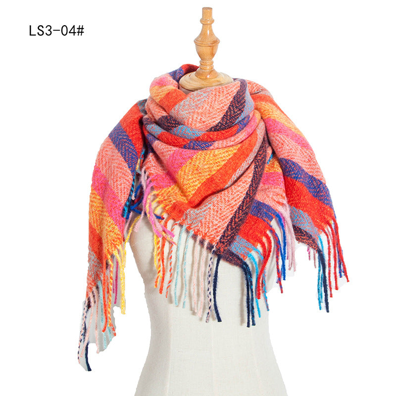 Yarn Stripe Grid Polyester Long Fringed Bristles Square Scarf Women Men's Bib Shawl