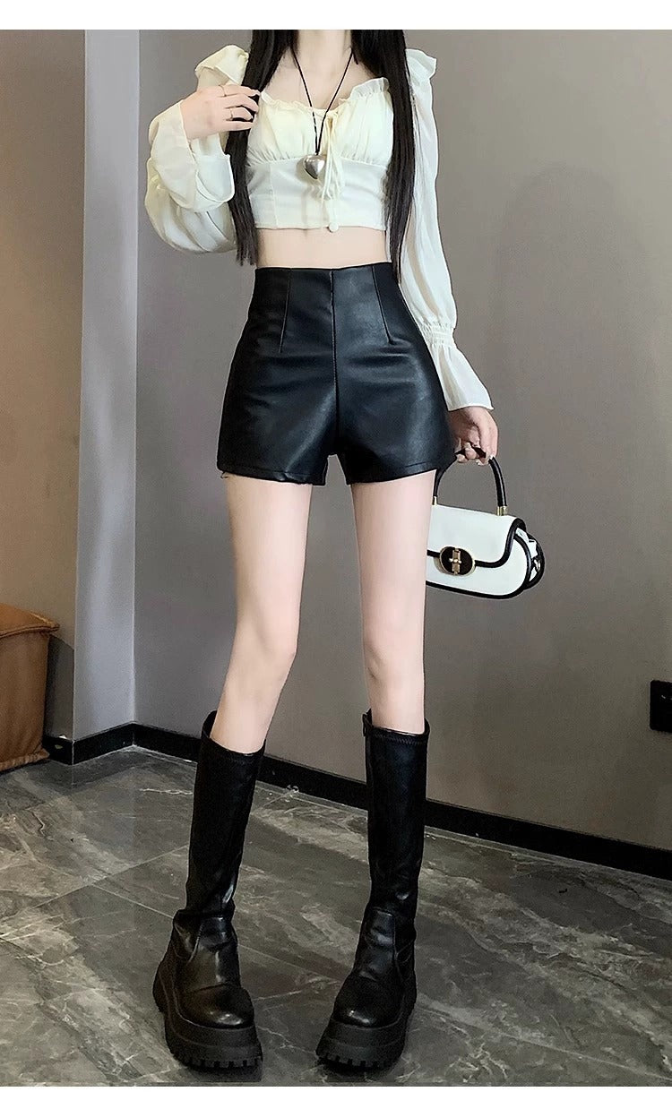 Women's High Waist Outer Wear Slimming PU Leather Shorts