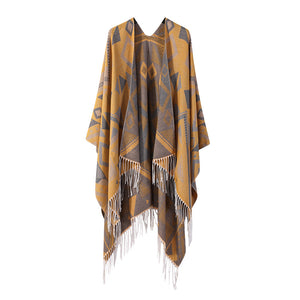 Thickened Cashmere-like Dual-use Geometric Tassel Scarf Cloak