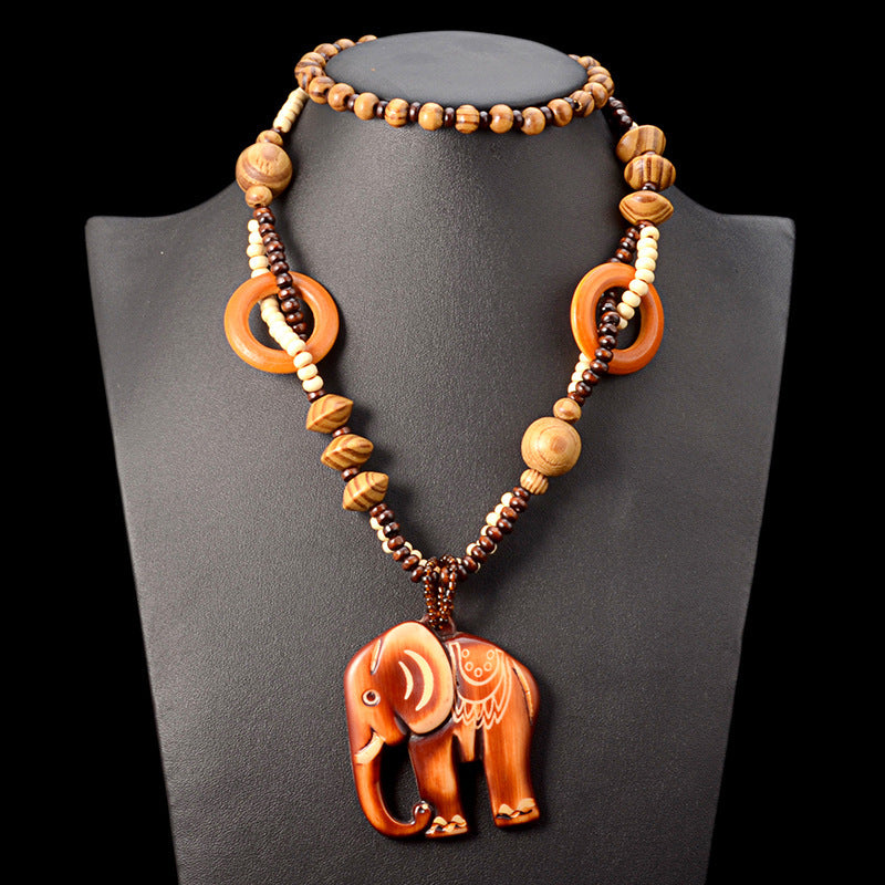 Fashion Retro Artistic Accessories All-match Wooden Long Necklace Elephant Pendant Men And Women Jewelry Hanging