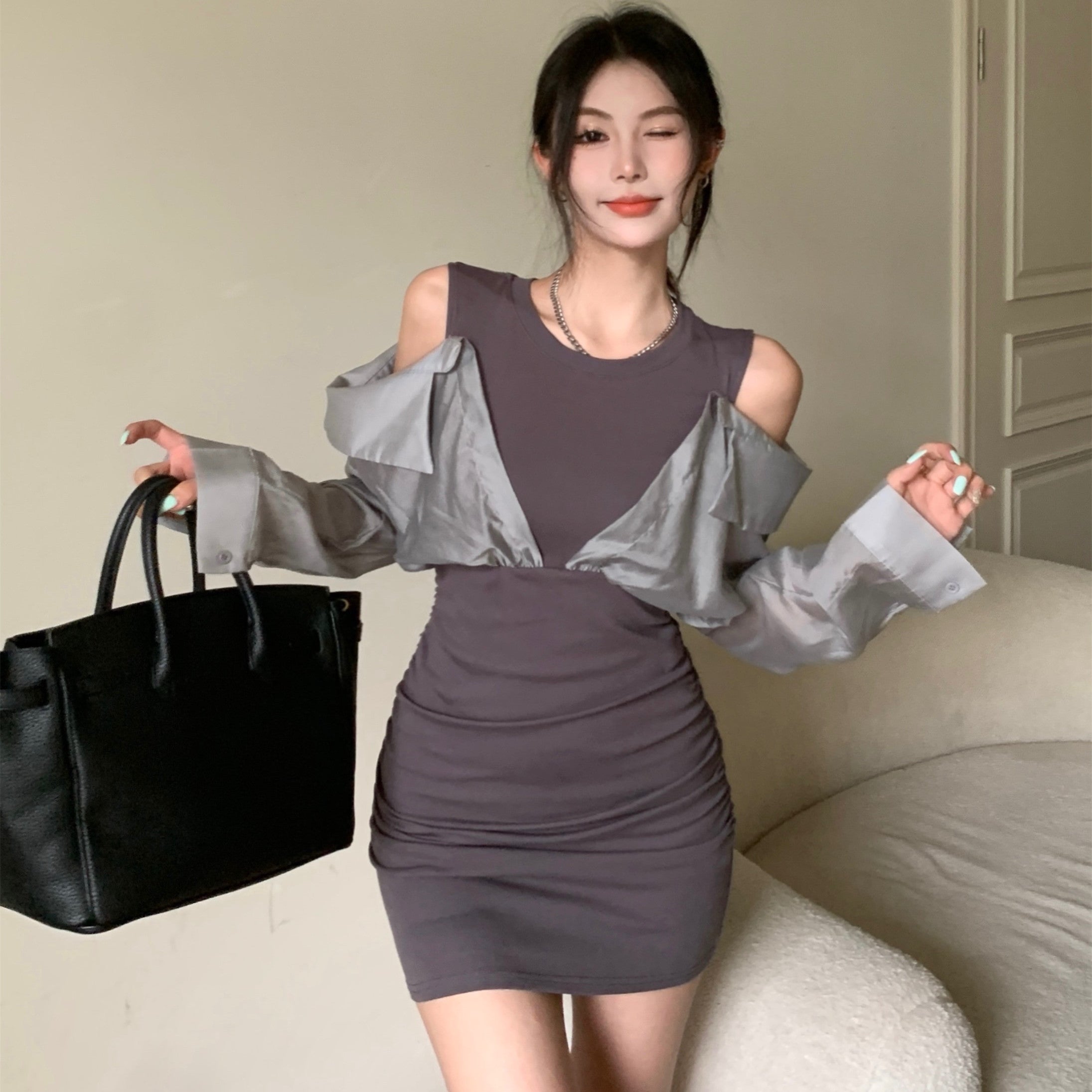 Fake Two Piece Stitching Shirt Dress Women Off Shoulder Waist Slim dress