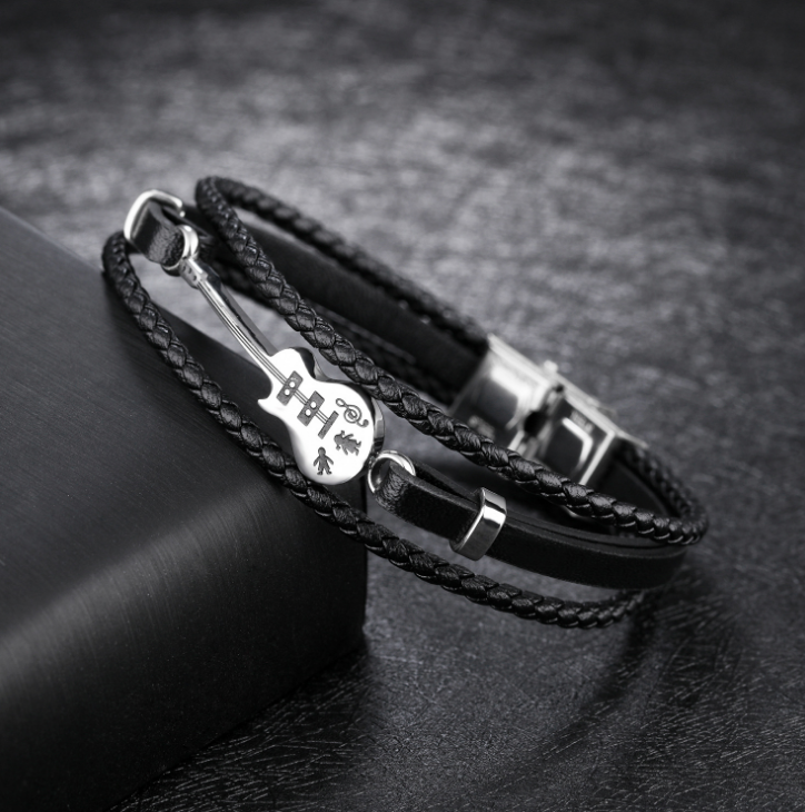 Multilayer Genuine Leather DIY Guitar Man Bracelets Classical Engrave Rope Chain Design Men Jewelry Magnet Buckle