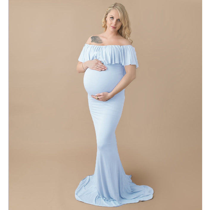 Mercerized cotton pregnant women ruffled collar trailing dress long skirt