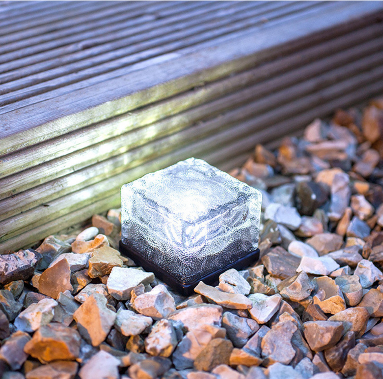 Waterproof Solar Power LED Ground Crystal Glass Ice Brick Shape Outdoor Yard Garden Deck Road Lamp Light