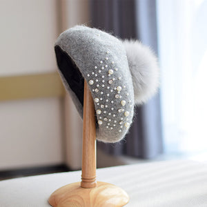 Fox Fur Ball Beret Female Woolen Pearl