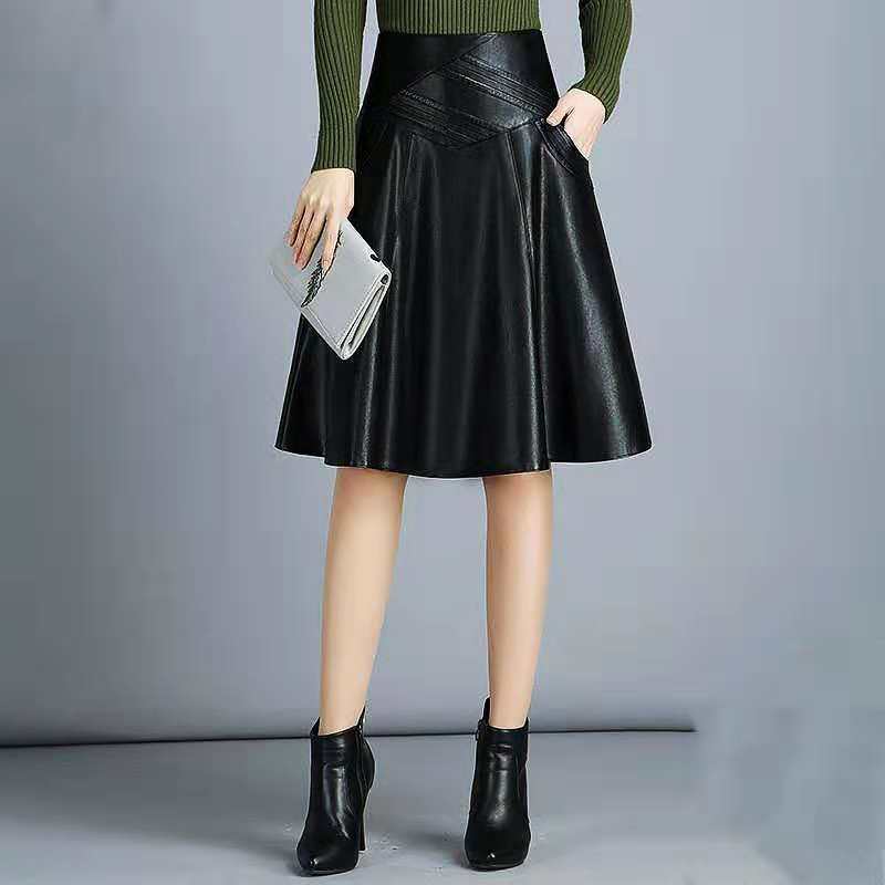 Mid-length high-waist pleated leather skirt skirt