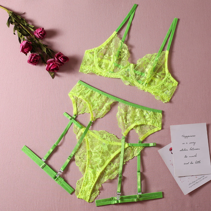 Fluorescent Green Underwear With Steel Ring Three-piece Set