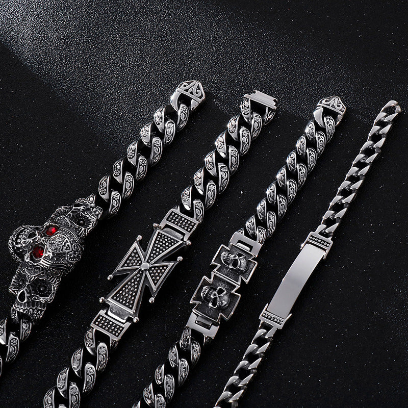 Vintage Old Hand Jewelry Trend Domineering Skull Cross Totem Inlaid Zircon Titanium Steel Bracelet For Men