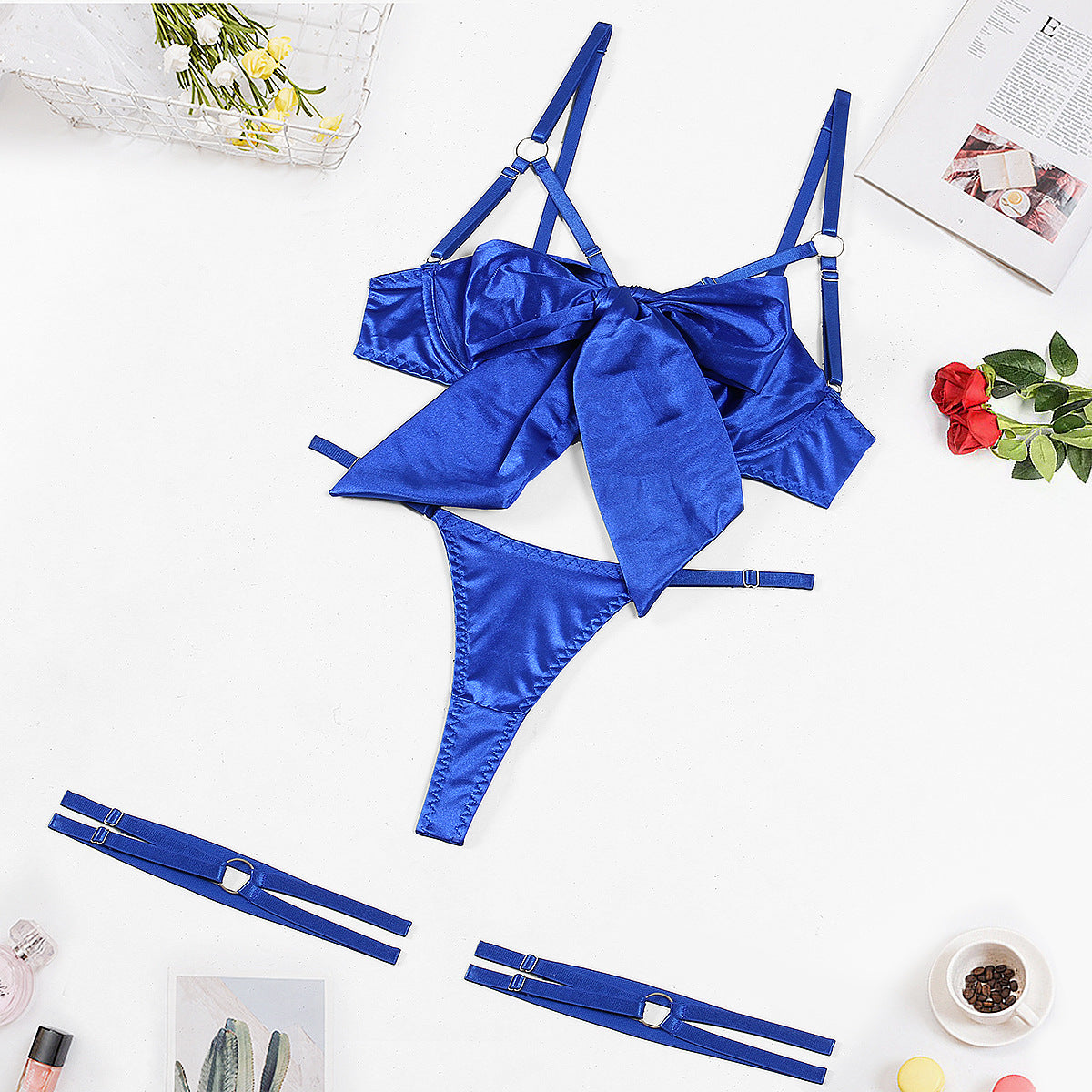 Summer Women's Clothing Bow Suspenders Underwear Three-piece Set