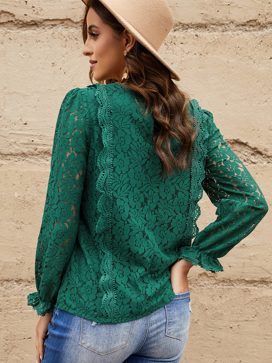 Solid Color Pullover Lace Mesh Crochet Casual Long Sleeve T-shirt