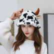 Cow Pattern Fisherman Hat With Cute Horn Winter Fashion Thickened Warm Plush Hat For Women