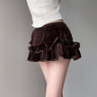 Retro Brown Bow Bandage High Waist Velvet Skirt