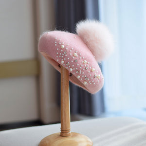 Fox Fur Ball Beret Female Woolen Pearl