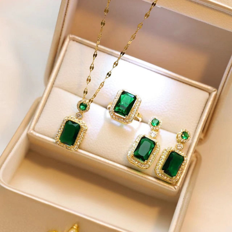 Light Luxury Emerald High-grade Pendant Necklace Ins Hong Kong Style Three-piece Necklace Earring Ring