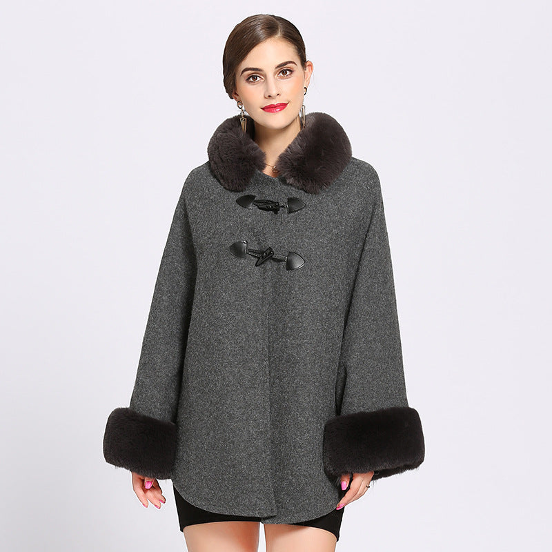 Rex rabbit fur collar double leather woolen coat women