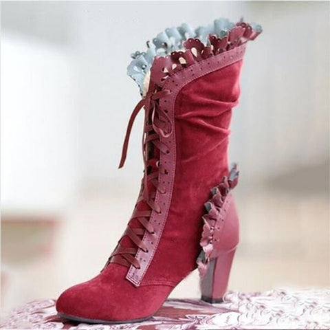 Lace-Up Combat Boot Women Ruffle Design Ethnic Shoes