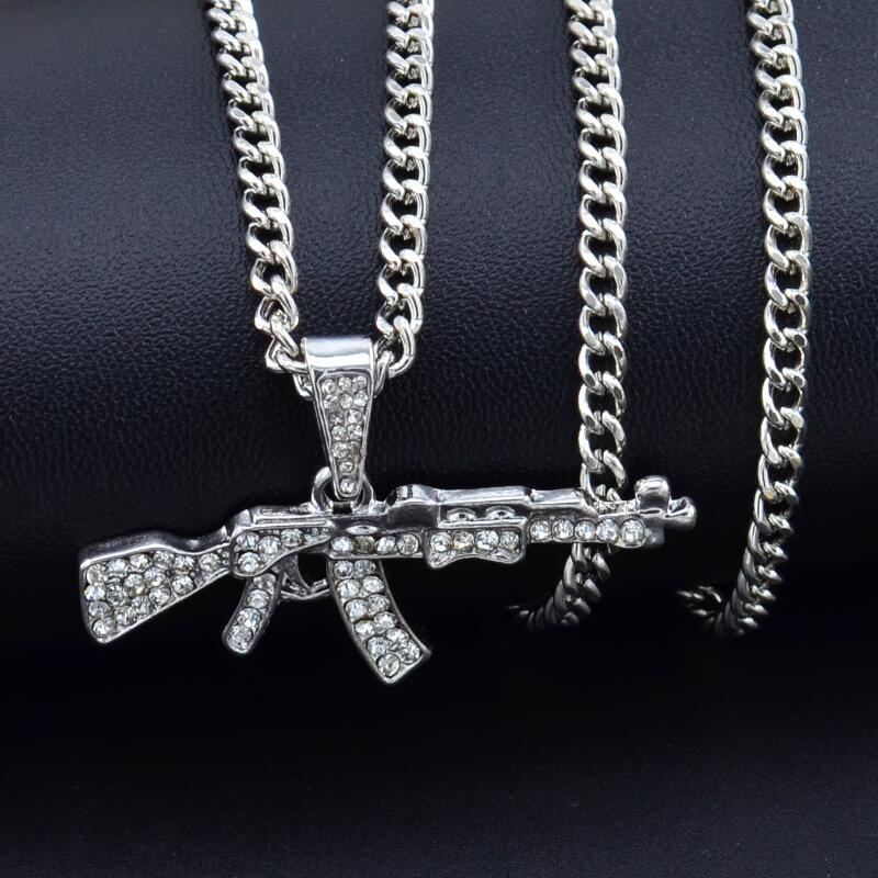 Cool Gothic Gun Shape Pendant Rhinestone Army Style Male Necklace Men Necklaces Jewelry