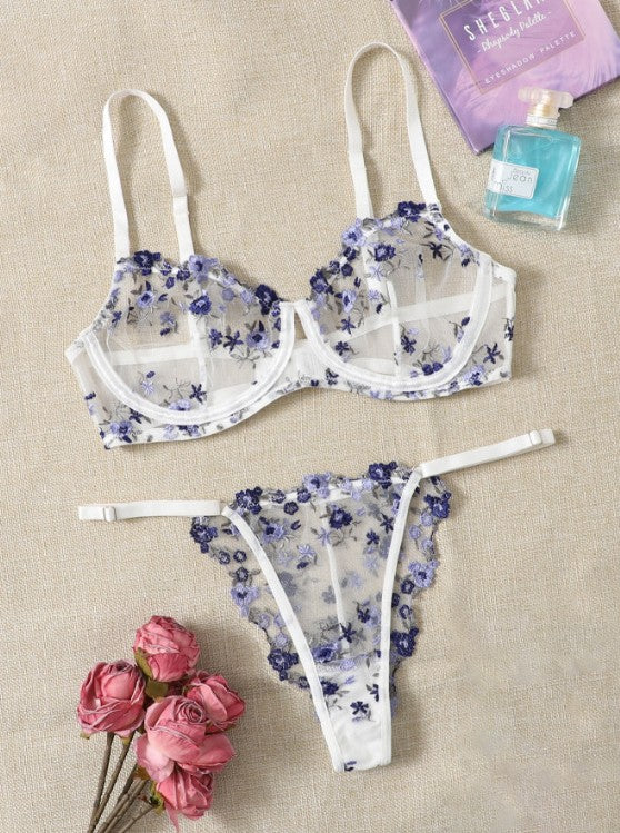 Women's Embroidered Flower Gathering Fun Underwear Set