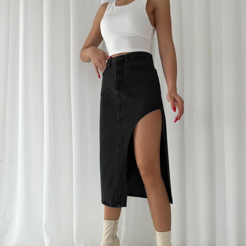 Women's High Waist Straight Split Denim Skirt