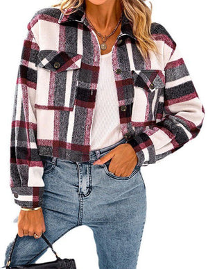 Lapel Pocket Fashion Casual Short Women's Plaid Coat