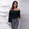 Pleating Lantern Sleeve Off-neck Short Top Women's Long Sleeve Chiffon Shirt