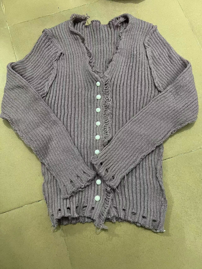 V-neck Sweater Solid Color Slim Fit Sunken Stripe Thick Burr Design Knitted Cardigan For Women