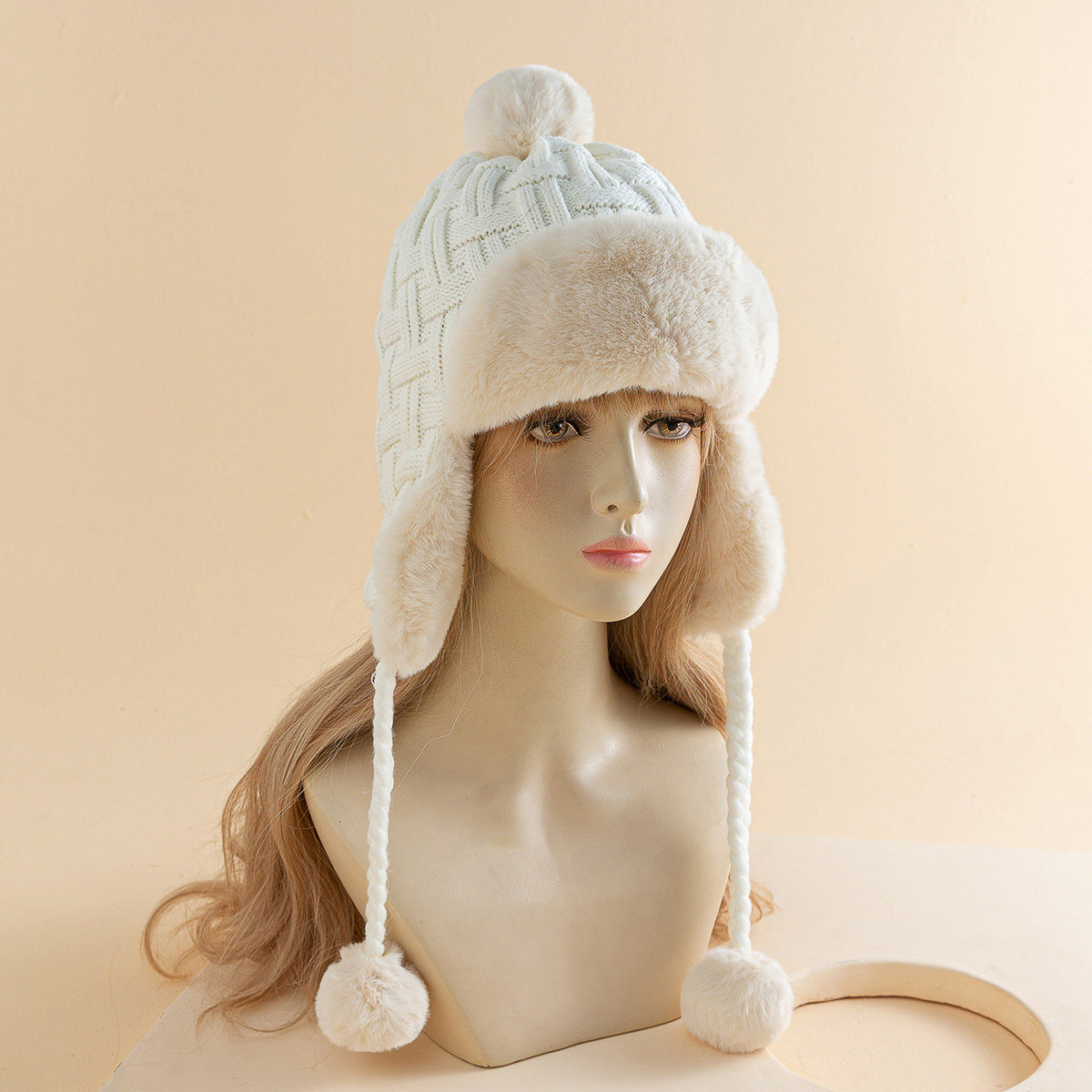 Women's Knitted Faux Rabbit Fur With Velvet Thickened Ears Protection Hat