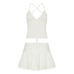Solid Color And V-neck Hollow Out Strap Short Exercise Skirt Suit