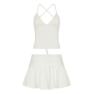 Solid Color And V-neck Hollow Out Strap Short Exercise Skirt Suit