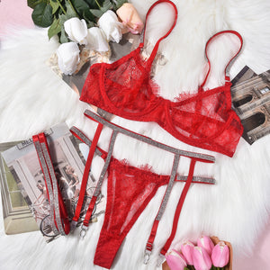 Women's Underwear Lace Three-point Rhinestone Leg Ring Three-piece Set