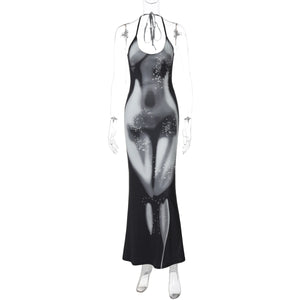 Spring New Printed Halter Slim Fit Sexy Backless Dress Women