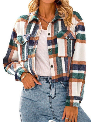 Lapel Pocket Fashion Casual Short Women's Plaid Coat