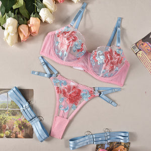 Women's Fashion Machine Embroidery Stitching Mesh Push Up Underwear Three-piece Set