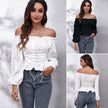 Pleating Lantern Sleeve Off-neck Short Top Women's Long Sleeve Chiffon Shirt