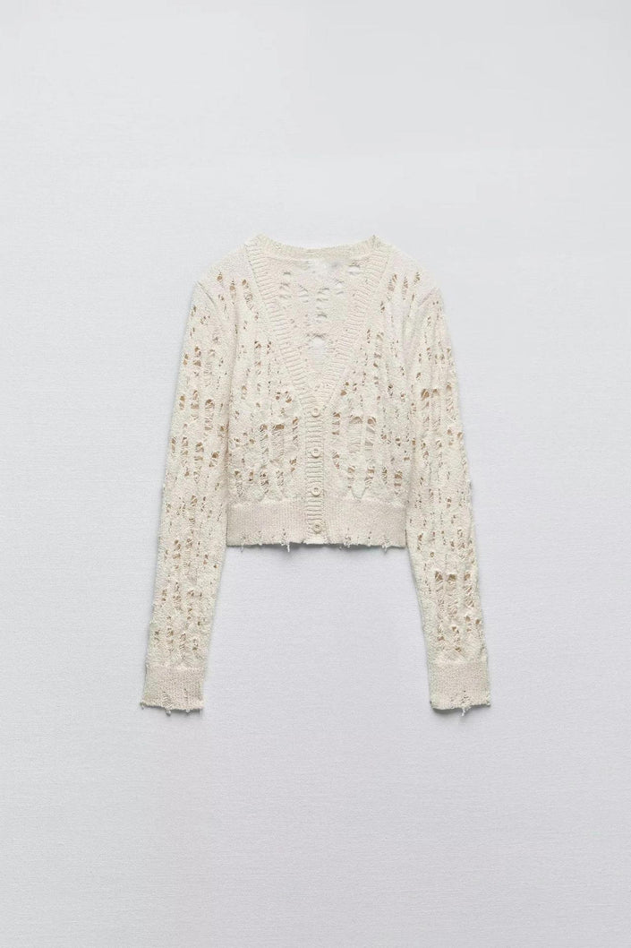 Women's Fashion Leisure Ripped Decorative Knitted Cardigan Jacket