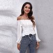 Pleating Lantern Sleeve Off-neck Short Top Women's Long Sleeve Chiffon Shirt