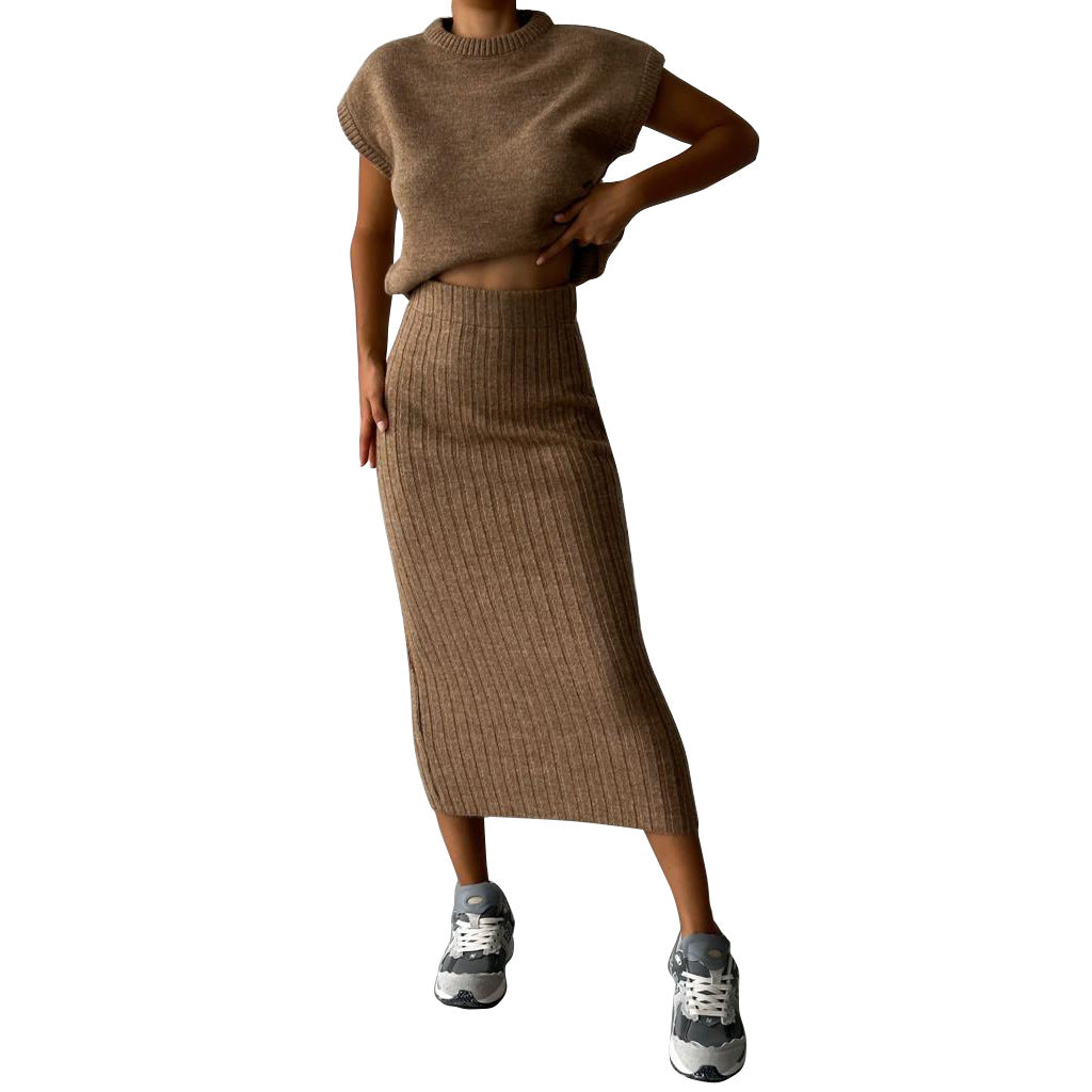 Sweater Suit Women's Sleeveless Pullover Coat Skirt