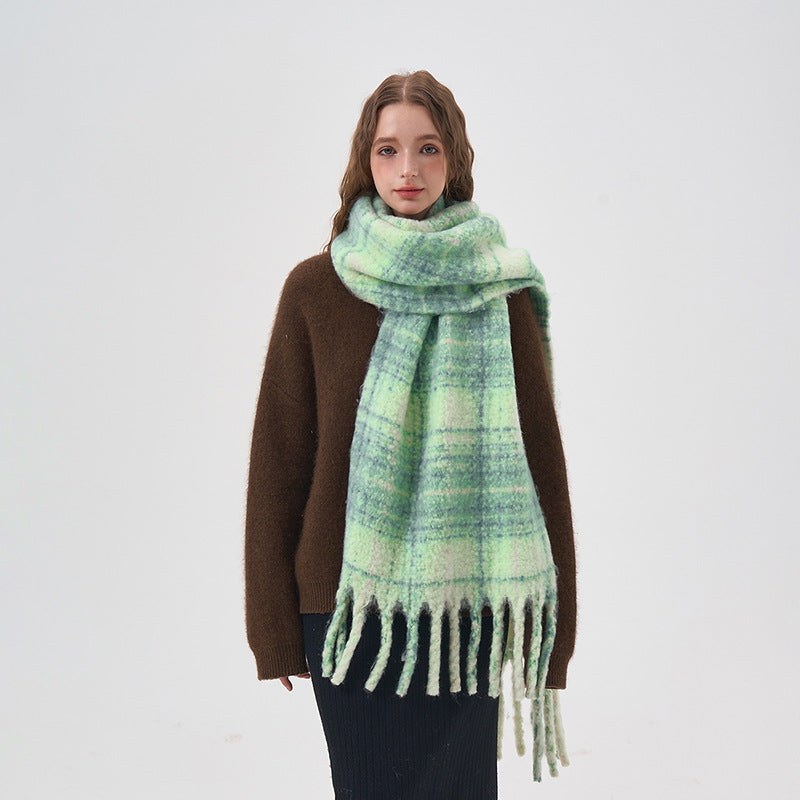 Women's White And Green Plaid Scarf