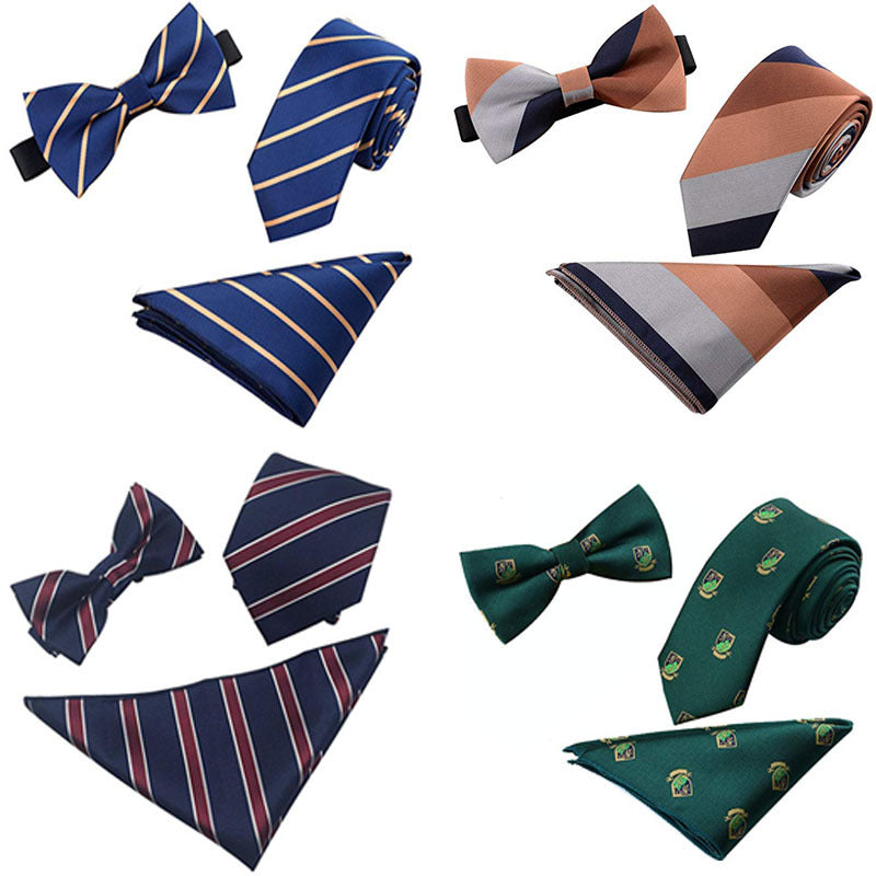 Tie Set 6cm Men's British Korean Embroidered Striped Bow Tie Square Scarf Tie Three-piece Set