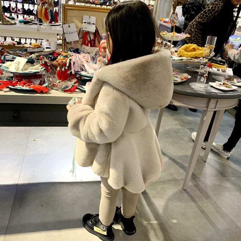 Girls' Personalized Hooded Imitation Fur Rabbit Fur Thickened Warm Coat