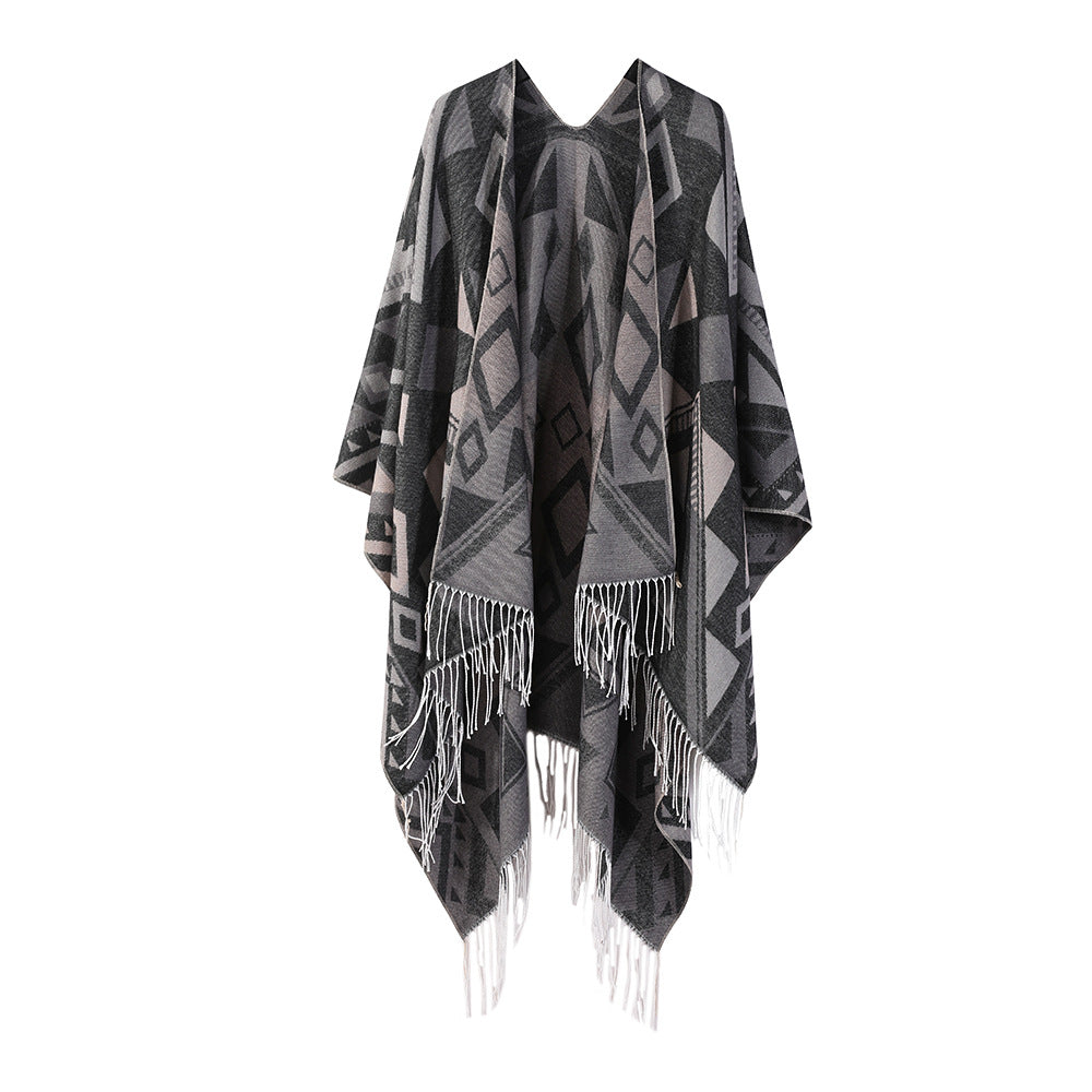 Thickened Cashmere-like Dual-use Geometric Tassel Scarf Cloak