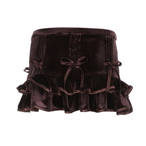 Retro Brown Bow Bandage High Waist Velvet Skirt