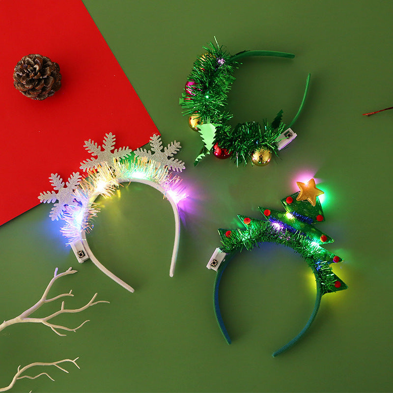 IPC Christmas Hair Band Glowing Headband Xmas Tree Snowflake Hair Band Deer Horn Light Flashing Headwear Merry Christmas Gift